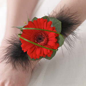 Red Germini & Feather Wrist Corsage